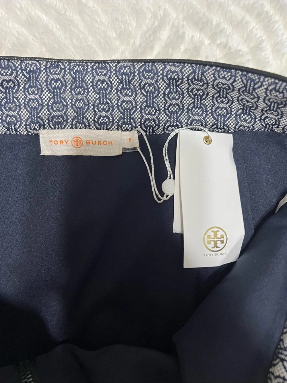 Tory Burch Chaumont Skirt Size 6 NWT Navy Ivory Gemini Print A-Line Zip Front